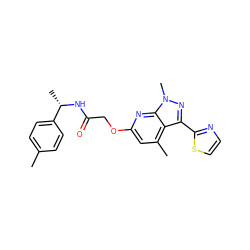 Cc1ccc([C@H](C)NC(=O)COc2cc(C)c3c(-c4nccs4)nn(C)c3n2)cc1 ZINC000117514862