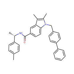 Cc1ccc([C@H](C)NC(=O)c2ccc3c(c2)c(C)c(C)n3Cc2ccc(-c3ccccc3)cc2)cc1 ZINC000207187240