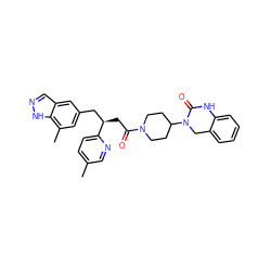 Cc1ccc([C@H](CC(=O)N2CCC(N3Cc4ccccc4NC3=O)CC2)Cc2cc(C)c3[nH]ncc3c2)nc1 ZINC000036436553