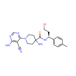 Cc1ccc([C@H](CCO)NC(=O)C2(N)CCN(c3ncnc(N)c3C#N)CC2)cc1 ZINC000219310595