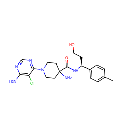 Cc1ccc([C@H](CCO)NC(=O)C2(N)CCN(c3ncnc(N)c3Cl)CC2)cc1 ZINC000219320157