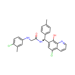 Cc1ccc([C@H](NC(=O)CNc2ccc(Cl)c(C)c2)c2cc(Cl)c3cccnc3c2O)cc1 ZINC000040900150