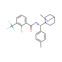 Cc1ccc([C@H](NC(=O)c2cccc(C(F)(F)F)c2Cl)C23CCC(CC2)CN3C)cc1 ZINC000141568761