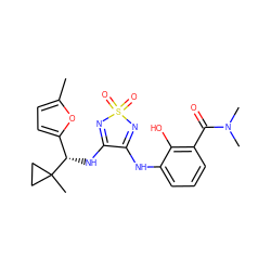 Cc1ccc([C@H](NC2=NS(=O)(=O)N=C2Nc2cccc(C(=O)N(C)C)c2O)C2(C)CC2)o1 ZINC000029037902