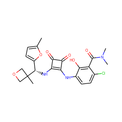 Cc1ccc([C@H](Nc2c(Nc3ccc(Cl)c(C(=O)N(C)C)c3O)c(=O)c2=O)C2(C)COC2)o1 ZINC000207374173