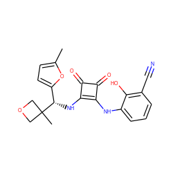 Cc1ccc([C@H](Nc2c(Nc3cccc(C#N)c3O)c(=O)c2=O)C2(C)COC2)o1 ZINC000207360763