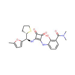 Cc1ccc([C@H](Nc2c(Nc3cccc(C(=O)N(C)C)c3O)c(=O)c2=O)[C@@H]2CCCS2)o1 ZINC000207374427