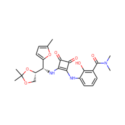 Cc1ccc([C@H](Nc2c(Nc3cccc(C(=O)N(C)C)c3O)c(=O)c2=O)[C@@H]2COC(C)(C)O2)o1 ZINC000207395112