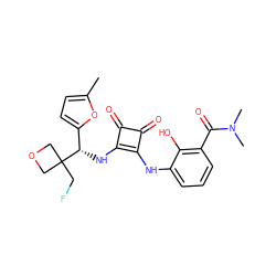 Cc1ccc([C@H](Nc2c(Nc3cccc(C(=O)N(C)C)c3O)c(=O)c2=O)C2(CF)COC2)o1 ZINC000207416532