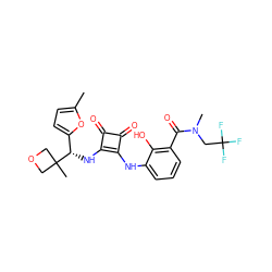 Cc1ccc([C@H](Nc2c(Nc3cccc(C(=O)N(C)CC(F)(F)F)c3O)c(=O)c2=O)C2(C)COC2)o1 ZINC000207367228