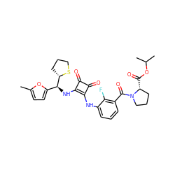 Cc1ccc([C@H](Nc2c(Nc3cccc(C(=O)N4CCC[C@H]4C(=O)OC(C)C)c3F)c(=O)c2=O)[C@@H]2CCCS2)o1 ZINC000207380943