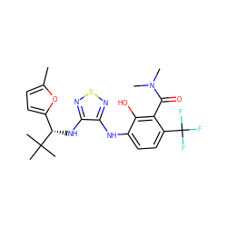 Cc1ccc([C@H](Nc2nsnc2Nc2ccc(C(F)(F)F)c(C(=O)N(C)C)c2O)C(C)(C)C)o1 ZINC000040393129