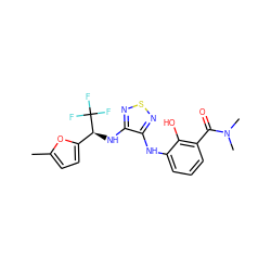 Cc1ccc([C@H](Nc2nsnc2Nc2cccc(C(=O)N(C)C)c2O)C(F)(F)F)o1 ZINC000040848595