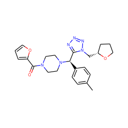 Cc1ccc([C@H](c2nnnn2C[C@@H]2CCCO2)N2CCN(C(=O)c3ccco3)CC2)cc1 ZINC000020140636