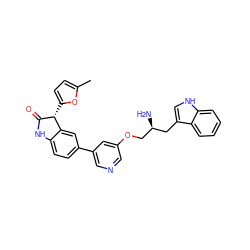 Cc1ccc([C@H]2C(=O)Nc3ccc(-c4cncc(OC[C@@H](N)Cc5c[nH]c6ccccc56)c4)cc32)o1 ZINC000045290356