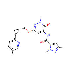 Cc1ccc([C@H]2C[C@@H]2COc2cc(NC(=O)c3cc(C)nn3C)c(=O)n(C)n2)nc1 ZINC000218404769