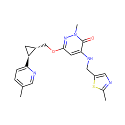 Cc1ccc([C@H]2C[C@@H]2COc2cc(NCc3cnc(C)s3)c(=O)n(C)n2)nc1 ZINC000221924794