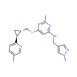 Cc1ccc([C@H]2C[C@@H]2COc2cc(NCc3cnn(C)c3)nc(C)n2)nc1 ZINC000205841254