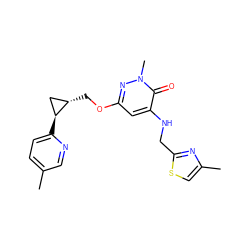 Cc1ccc([C@H]2C[C@@H]2COc2cc(NCc3nc(C)cs3)c(=O)n(C)n2)nc1 ZINC000221924714