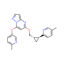 Cc1ccc([C@H]2C[C@@H]2COc2cc(Oc3ccc(C)nc3)n3nccc3n2)nc1 ZINC000148572446