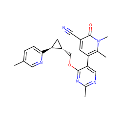 Cc1ccc([C@H]2C[C@@H]2COc2nc(C)ncc2-c2cc(C#N)c(=O)n(C)c2C)nc1 ZINC000209425132