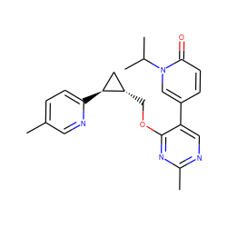 Cc1ccc([C@H]2C[C@@H]2COc2nc(C)ncc2-c2ccc(=O)n(C(C)C)c2)nc1 ZINC000209431413