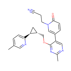 Cc1ccc([C@H]2C[C@@H]2COc2nc(C)ncc2-c2ccc(=O)n(CCC#N)c2)nc1 ZINC000209435362