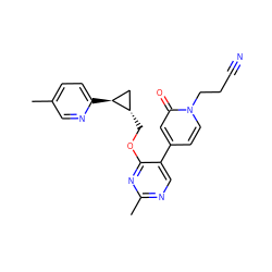 Cc1ccc([C@H]2C[C@@H]2COc2nc(C)ncc2-c2ccn(CCC#N)c(=O)c2)nc1 ZINC000209426201