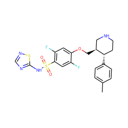 Cc1ccc([C@H]2CCNC[C@@H]2COc2cc(F)c(S(=O)(=O)Nc3ncns3)cc2F)cc1 ZINC000205527918