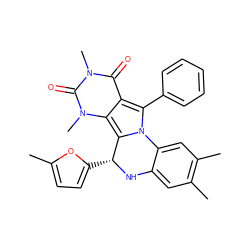 Cc1ccc([C@H]2Nc3cc(C)c(C)cc3-n3c(-c4ccccc4)c4c(=O)n(C)c(=O)n(C)c4c32)o1 ZINC000008587540