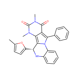 Cc1ccc([C@H]2Nc3ccccc3-n3c(-c4ccccc4)c4c(=O)n(C)c(=O)n(C)c4c32)o1 ZINC000008587515