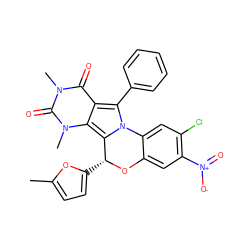 Cc1ccc([C@H]2Oc3cc([N+](=O)[O-])c(Cl)cc3-n3c(-c4ccccc4)c4c(=O)n(C)c(=O)n(C)c4c32)o1 ZINC000072119650