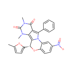 Cc1ccc([C@H]2Oc3ccc([N+](=O)[O-])cc3-n3c(-c4ccccc4)c4c(=O)n(C)c(=O)n(C)c4c32)o1 ZINC000072119748