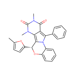 Cc1ccc([C@H]2Oc3ccccc3-n3c(-c4ccccc4)c4c(=O)n(C)c(=O)n(C)c4c32)o1 ZINC000072119919