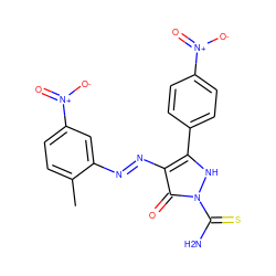 Cc1ccc([N+](=O)[O-])cc1/N=N/c1c(-c2ccc([N+](=O)[O-])cc2)[nH]n(C(N)=S)c1=O ZINC000169325952