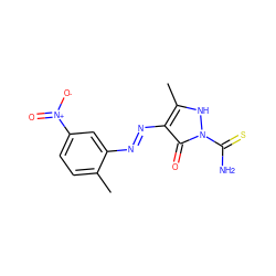 Cc1ccc([N+](=O)[O-])cc1/N=N/c1c(C)[nH]n(C(N)=S)c1=O ZINC000169325958