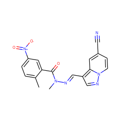 Cc1ccc([N+](=O)[O-])cc1C(=O)N(C)/N=C/c1cnn2ccc(C#N)cc12 ZINC000073198318