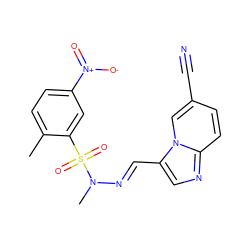 Cc1ccc([N+](=O)[O-])cc1S(=O)(=O)N(C)/N=C/c1cnc2ccc(C#N)cn12 ZINC000028652836