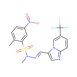 Cc1ccc([N+](=O)[O-])cc1S(=O)(=O)N(C)/N=C/c1cnc2ccc(C(F)(F)F)cn12 ZINC000028652829