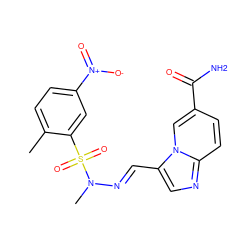 Cc1ccc([N+](=O)[O-])cc1S(=O)(=O)N(C)/N=C/c1cnc2ccc(C(N)=O)cn12 ZINC000028652844