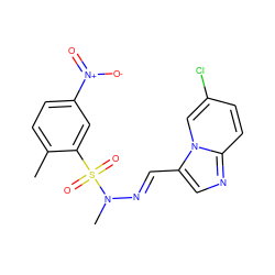 Cc1ccc([N+](=O)[O-])cc1S(=O)(=O)N(C)/N=C/c1cnc2ccc(Cl)cn12 ZINC000028652822