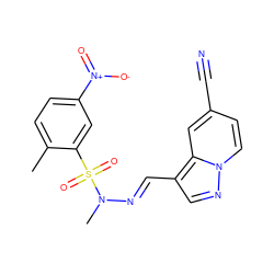 Cc1ccc([N+](=O)[O-])cc1S(=O)(=O)N(C)/N=C/c1cnn2ccc(C#N)cc12 ZINC000082155257