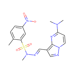 Cc1ccc([N+](=O)[O-])cc1S(=O)(=O)N(C)/N=C/c1cnn2ccc(N(C)C)nc12 ZINC000473121809