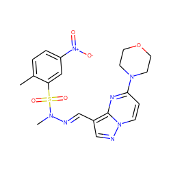 Cc1ccc([N+](=O)[O-])cc1S(=O)(=O)N(C)/N=C/c1cnn2ccc(N3CCOCC3)nc12 ZINC000473128348