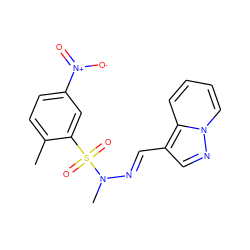 Cc1ccc([N+](=O)[O-])cc1S(=O)(=O)N(C)/N=C/c1cnn2ccccc12 ZINC000082154887