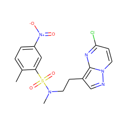 Cc1ccc([N+](=O)[O-])cc1S(=O)(=O)N(C)CCc1cnn2ccc(Cl)nc12 ZINC000473126455