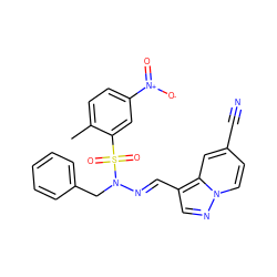 Cc1ccc([N+](=O)[O-])cc1S(=O)(=O)N(Cc1ccccc1)/N=C/c1cnn2ccc(C#N)cc12 ZINC000082155037