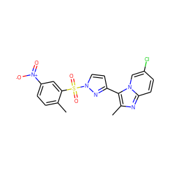 Cc1ccc([N+](=O)[O-])cc1S(=O)(=O)n1ccc(-c2c(C)nc3ccc(Cl)cn23)n1 ZINC000028640708