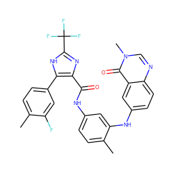 Cc1ccc(-c2[nH]c(C(F)(F)F)nc2C(=O)Nc2ccc(C)c(Nc3ccc4ncn(C)c(=O)c4c3)c2)cc1F ZINC000049762561