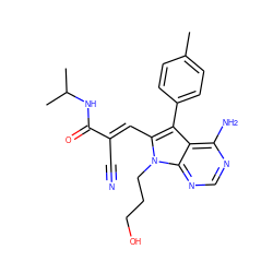 Cc1ccc(-c2c(/C=C(\C#N)C(=O)NC(C)C)n(CCCO)c3ncnc(N)c23)cc1 ZINC000198825422